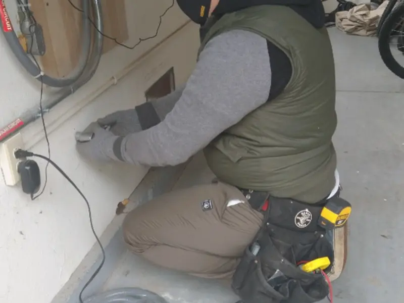 Electrician performing outlet wiring in a Escalon garage